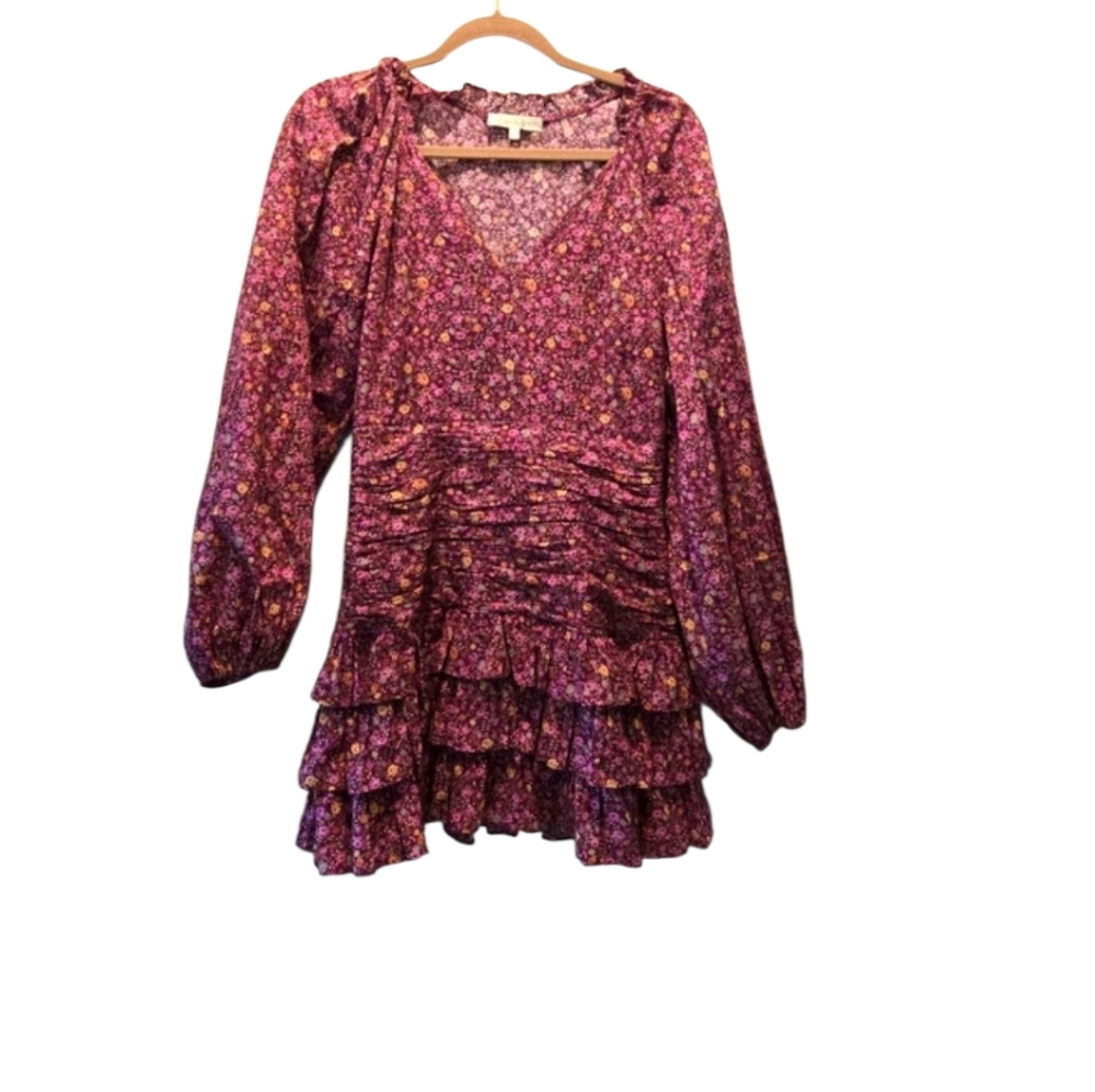 LoveShackFancy Mini Dress 4 Floral Red Pink Ruffled Tiered Long Sleeve Ruched - Picture 2 of 10